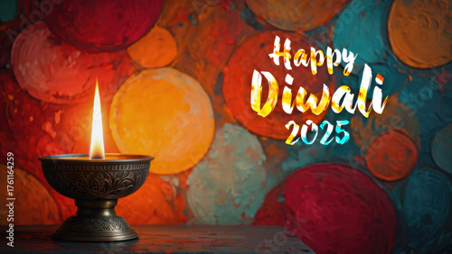 Diwali 2025 oil lamp with colorful painted background, Indian festival decoration, glowing diya for religious celebration, spiritual light in festive setting
