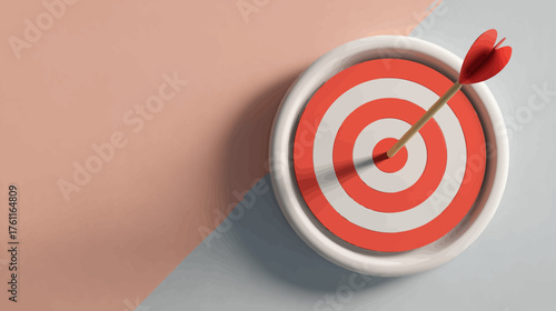 Red arrow hitting the bullseye on a circular target, symbolizing success, goal achievement, accuracy, strategy, and business target marketing.
