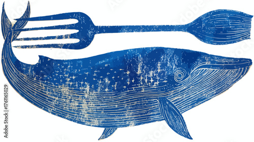 Surreal blue whale illustration with a large fork and spoon, artistic marine life graphic, abstract ocean concept art