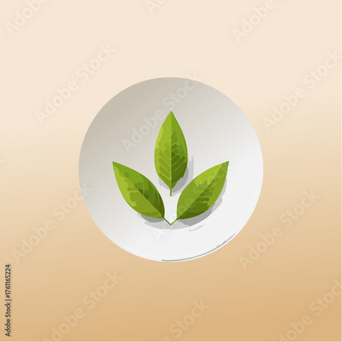 A white plate holding three olive leaves in a triangular layout against a blank beige table.