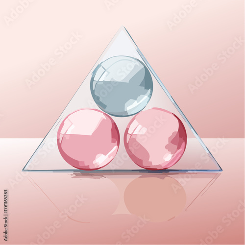 Three perfectly round, highly reflective glass marbles are placed in a precise triangle on a pink pastel floor.