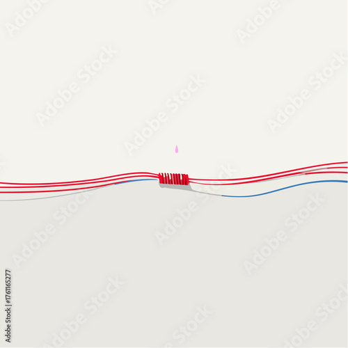 A single, taut, crimson thread stretches horizontally across a vast, textured wall of raw plaster.