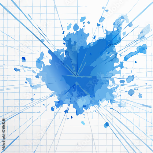 A vibrant splash of electric blue paint interrupts a uniform grid pattern meticulously drawn in pencil.