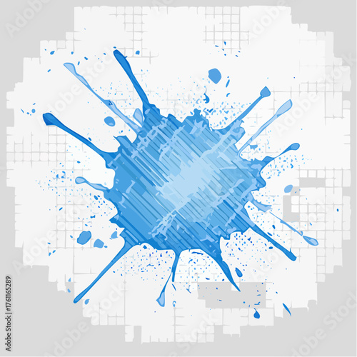 A vibrant splash of electric blue paint interrupts a uniform grid pattern meticulously drawn in pencil.