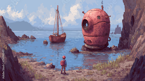 Young adventurer gazes at a unique spherical retro-futuristic submersible and a rustic sailboat moored in a serene rocky cove.