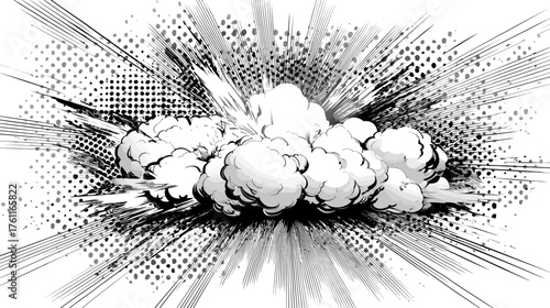 Dynamic comic book style explosion effect. Abstract impact burst with smoke, speed lines, and halftone dots. Manga vector illustration.