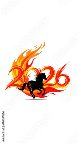 Fiery horse running through 2026 flames symbolizing energy, passion, and success for Lunar New Year of the Horse celebration, dynamic composition on transparent background, illustration