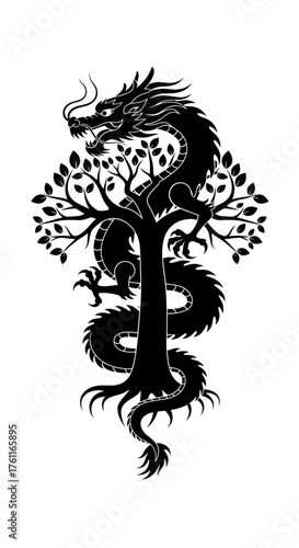 Mythical Chinese dragon wrapped around tree symbolizing wisdom, strength, and renewal for Lunar New Year celebration, elegant black silhouette on transparent background, illustration