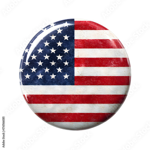 American flag button with reflective surface isolated on transparent background