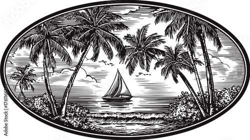 Exotic Tropical Ocean Landscape with Sailboat and Palm Trees in Vintage Engraving Style, Black and White Oval Frame