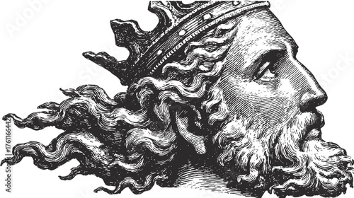 Vintage Engraving of a Royal King's Head in Profile with Crown, Beard, and Curly Hair, Historical Majestic Art