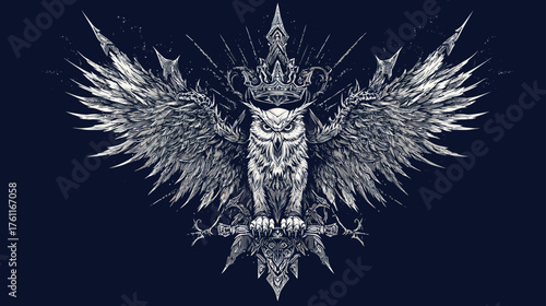 Majestic Crowned Owl with Intricate Outstretched Wings, Dark Fantasy Animal Illustration, Ornate Graphic Design