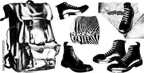 High contrast black and white backpack and boots set for retro fashion design