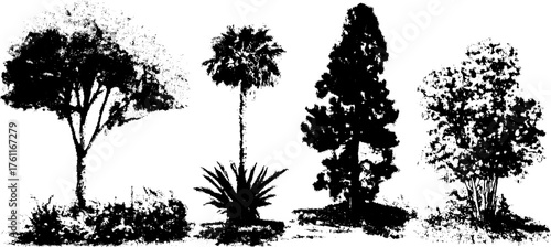 High contrast black and white tree illustrations for design and decoration