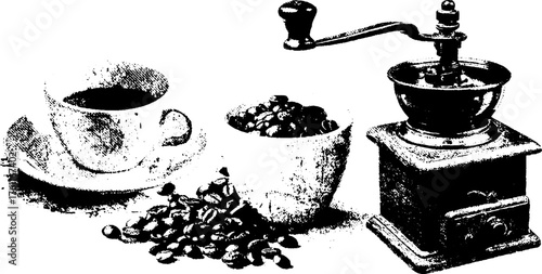 Vintage coffee beans and grinder high contrast black and white set for cafe design