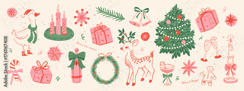 Set of cute Christmas illustrations in a hand-drawn doodle style. Collection of festive winter holiday icons including a goose, deer, and Christmas tree for greeting cards and festive design, vector