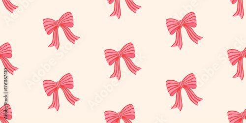 Seamless pattern with cute pink striped bows in a hand-drawn cartoon style. Romantic background for Valentine's Day or textile design in flirty style, vector illustration.