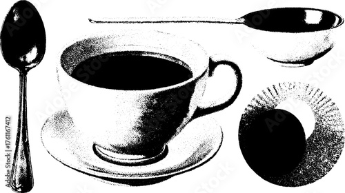 Vintage black and white high contrast tea set illustration for print and design