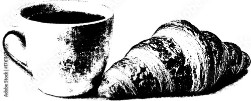 High contrast black and white mug and croissant graphic for retro designs