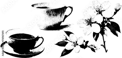 Vintage black and white floral and coffee cup design for nostalgic prints