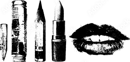 Artistic set of high contrast grunge sketch elements with makeup and lip design