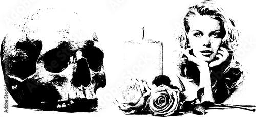 Black and white high contrast skull and rose illustration for gothic design