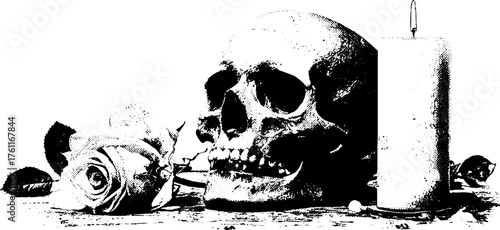 Gothic skull and rose composition with candle - black and white high contrast design for prints and posters
