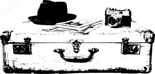 Vintage travel essentials: suitcase, camera, hat, and magazines in high contrast black and white design