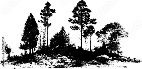 Black and white halftone forest landscape for print design and decor