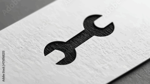 Minimalist black wrench icon cut into a textured white card, symbolizing repair, maintenance, tools, service, engineering, or settings.