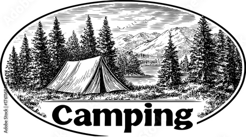 Rustic Hand-Drawn Camping Scene with Tent, Pine Forest, Mountains & Lake - Vintage Outdoor Adventure Illustration