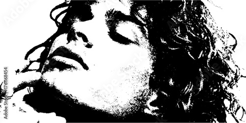 Monochrome portrait with artistic halftone effect featuring intricate binary code overlay