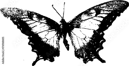 Black and white halftone butterfly wing illustration with gritty gothic style for vintage designs