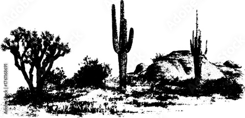 Black and white xerography of cactus landscape - desert grunge design for poster or print
