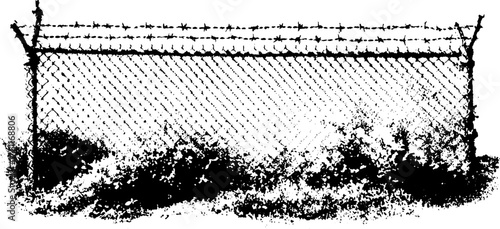 Black and white halftone illustration of chain link fence with barbed wire