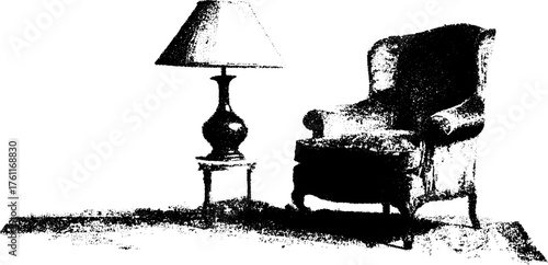 Vintage black and white halftone art featuring armchair and table lamp