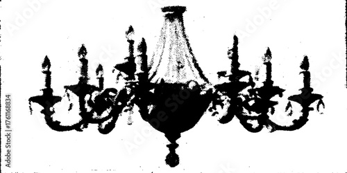 Vintage black and white chandelier illustration with halftone xerox effect for gothic design