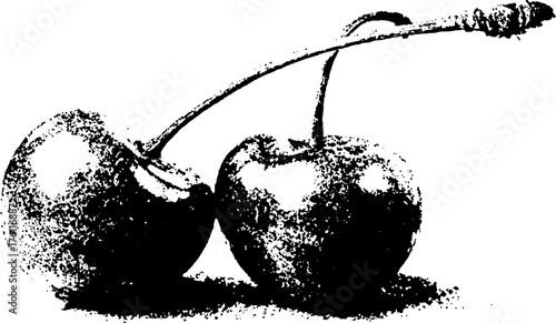 Black and white halftone illustration of cherry stem - retro grunge design for posters