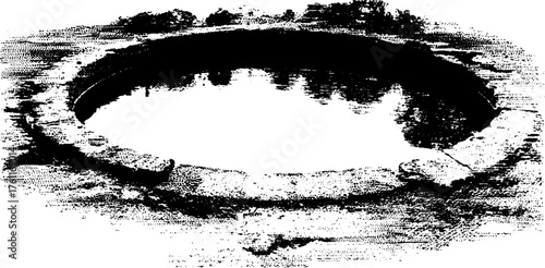 Circular stone stamp design in black and white halftone effect for artistic print and decor