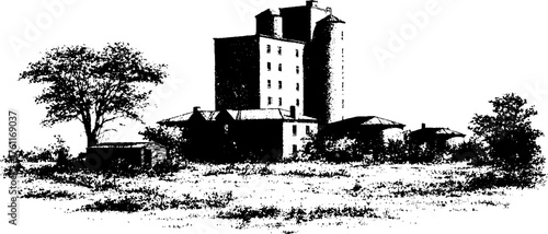 Vintage urban landscape: black and white halftone city building for retro design