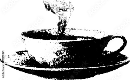 Black and white halftone illustration of coffee cup with gritty xerox effect