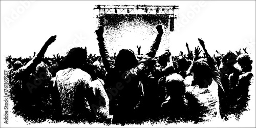 Black and white halftone concert ticket design for music event promotion