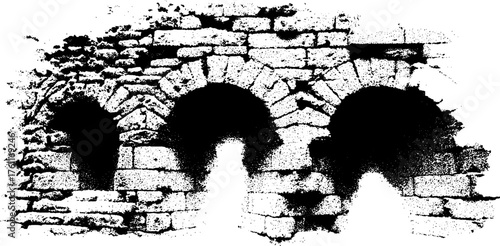 Abstract black and white halftone concrete texture with arched structures for creative designs