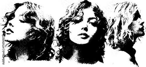 Black and white halftone illustration of contact sheet portraits for vintage design