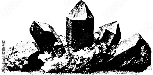 Black and white halftone crystal cluster art for retro design and decoration
