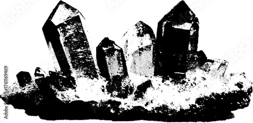 Black and white halftone crystal cluster design for posters and prints