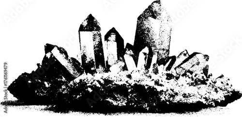 Black and white halftone crystal cluster design for posters and prints