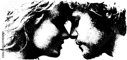Double exposure of a couple in black and white halftone for retro design