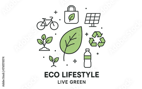 Eco lifestyle icons promoting sustainable living with green elements