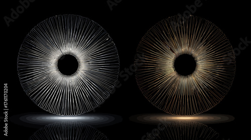 Close-up of two abstract mushroom gill patterns, white and golden, showcasing intricate radial textures on a reflective black background.